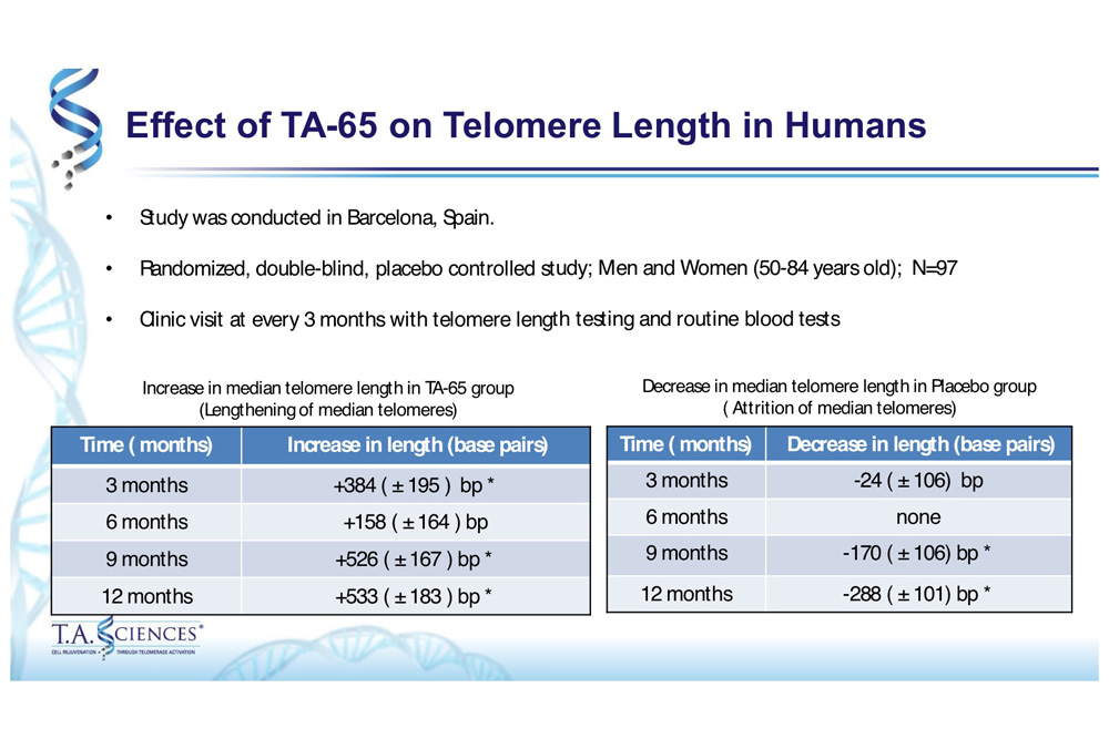 Estudio sobre el suplemento nutricional TA-65. Alargamiento de los telómeros