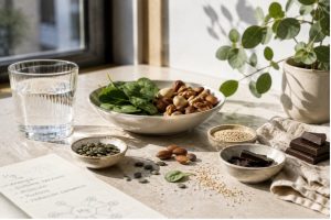 Alimentos ricos en magnesio: frutos secos, semillas de calabaza, verduras de hoja verde, cereales integrales y chocolate negro